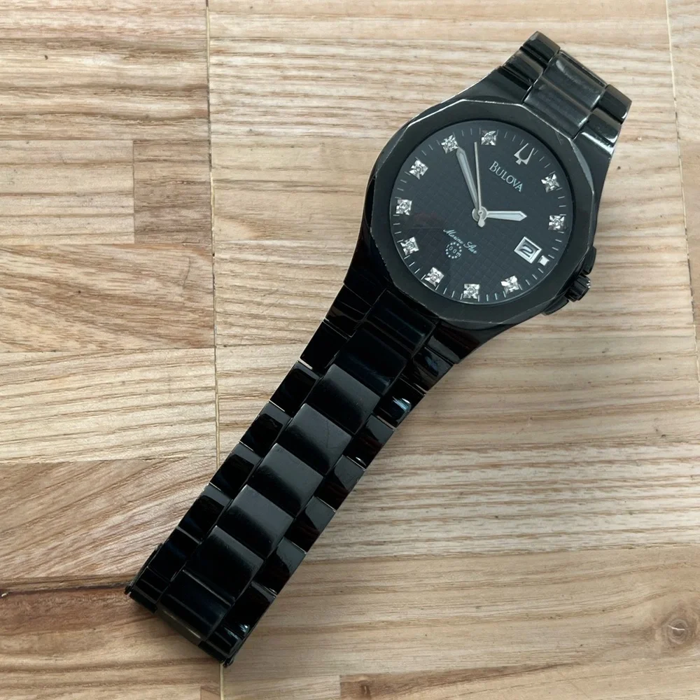 Bulova Marine Star Diamond Men’s Watch Black Dial, Case, Bracelet Date Window